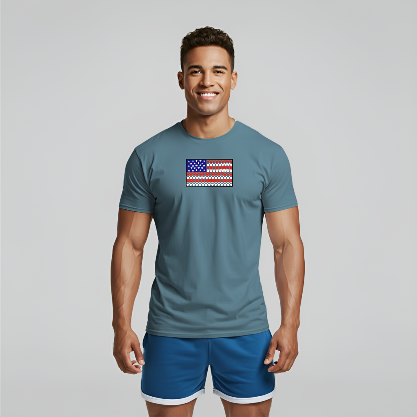 Ice Blue

Model proudly displaying the Wildset kettlebell flag shirt, a unique fitness apparel piece that combines patriotism with a passion for strength training. This shirt features a kettlebell in the shape of a flag, symbolizing powerlifting, functional fitness, and dedication to the gym. Perfect for weightlifting enthusiasts, CrossFit athletes, and those who appreciate a strong workout aesthetic, this kettlebell flag shirt is ideal for expressing your love for fitness. Gymshark and Fabletics.